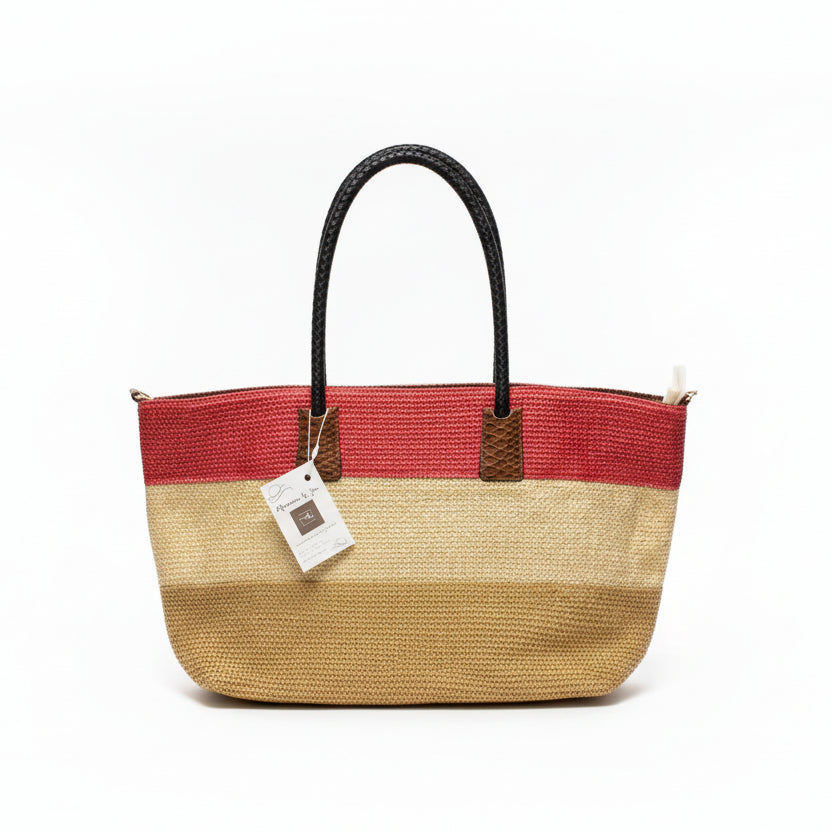 Bolso shopper tipo rafia combinado con efecto piel y rayas - Moments by You