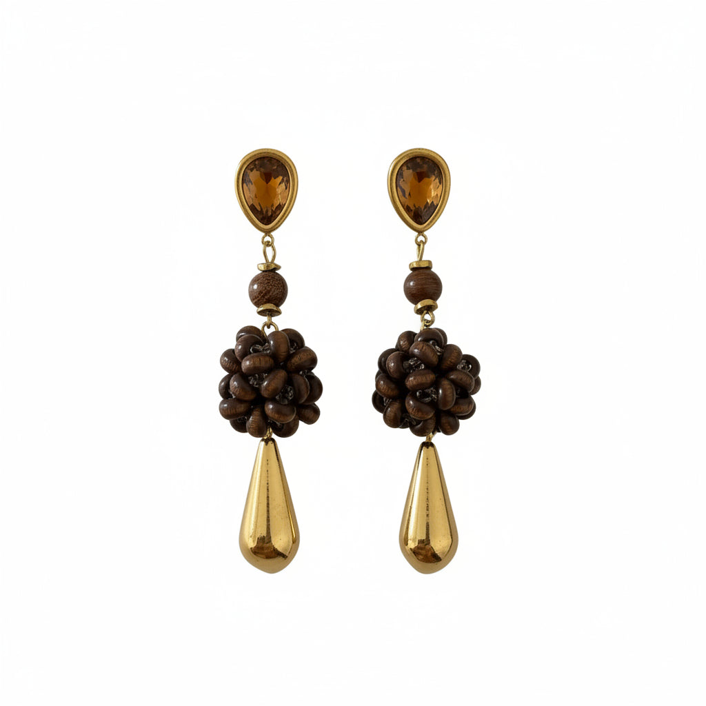 Pendientes largos de acero tres alturas con diferentes estructuras en tonos marrones y acabado oro - Moments by You