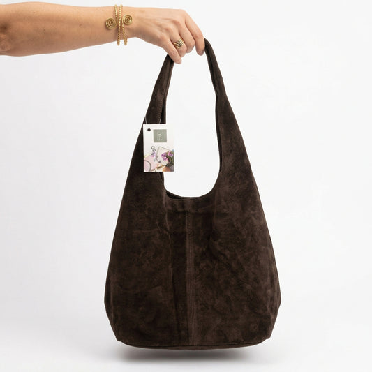 Bolso hobo piel 100% auténtica de ante en chocolate