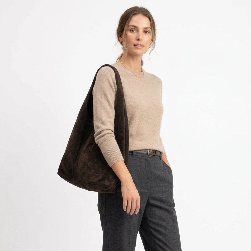 Bolso hobo piel 100% auténtica de ante en chocolate