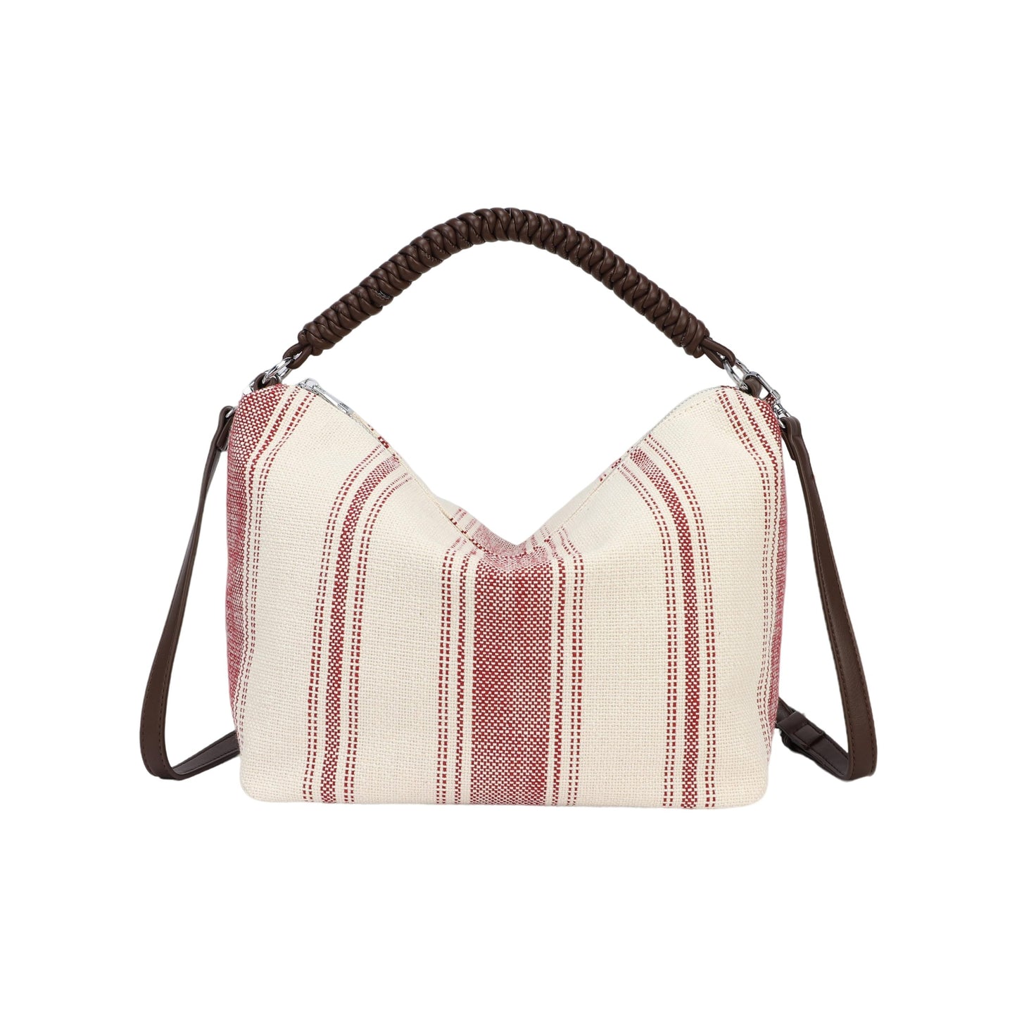 Bolso de mano y bandolera de tejido con rayas y asas chocolate - Moments by You