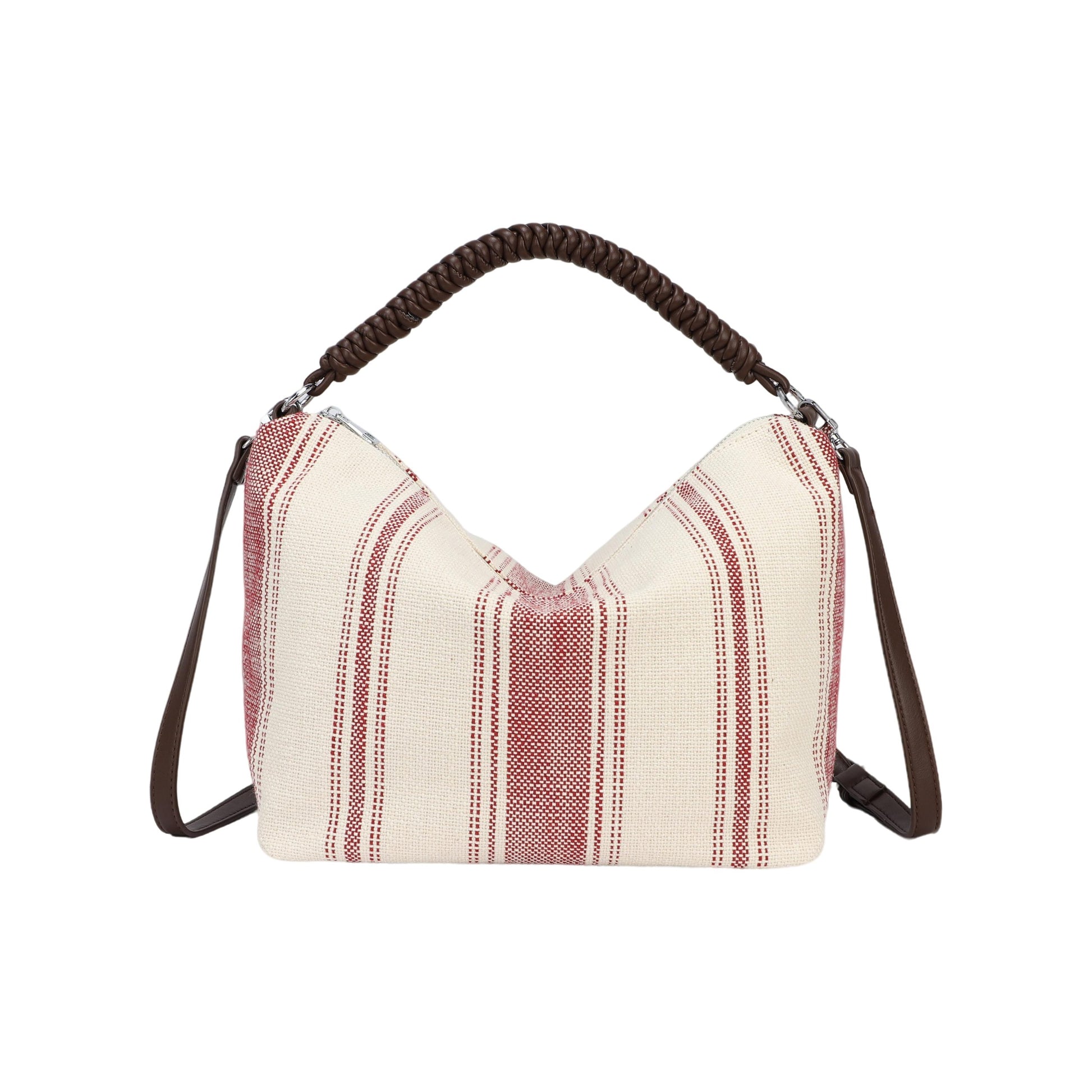 Bolso de mano y bandolera de tejido con rayas y asas chocolate - Moments by You
