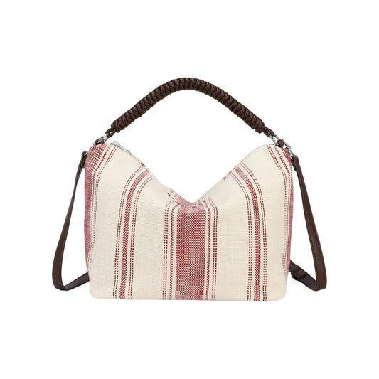 Bolso de mano y bandolera de tejido con rayas y asas chocolate - Moments by You