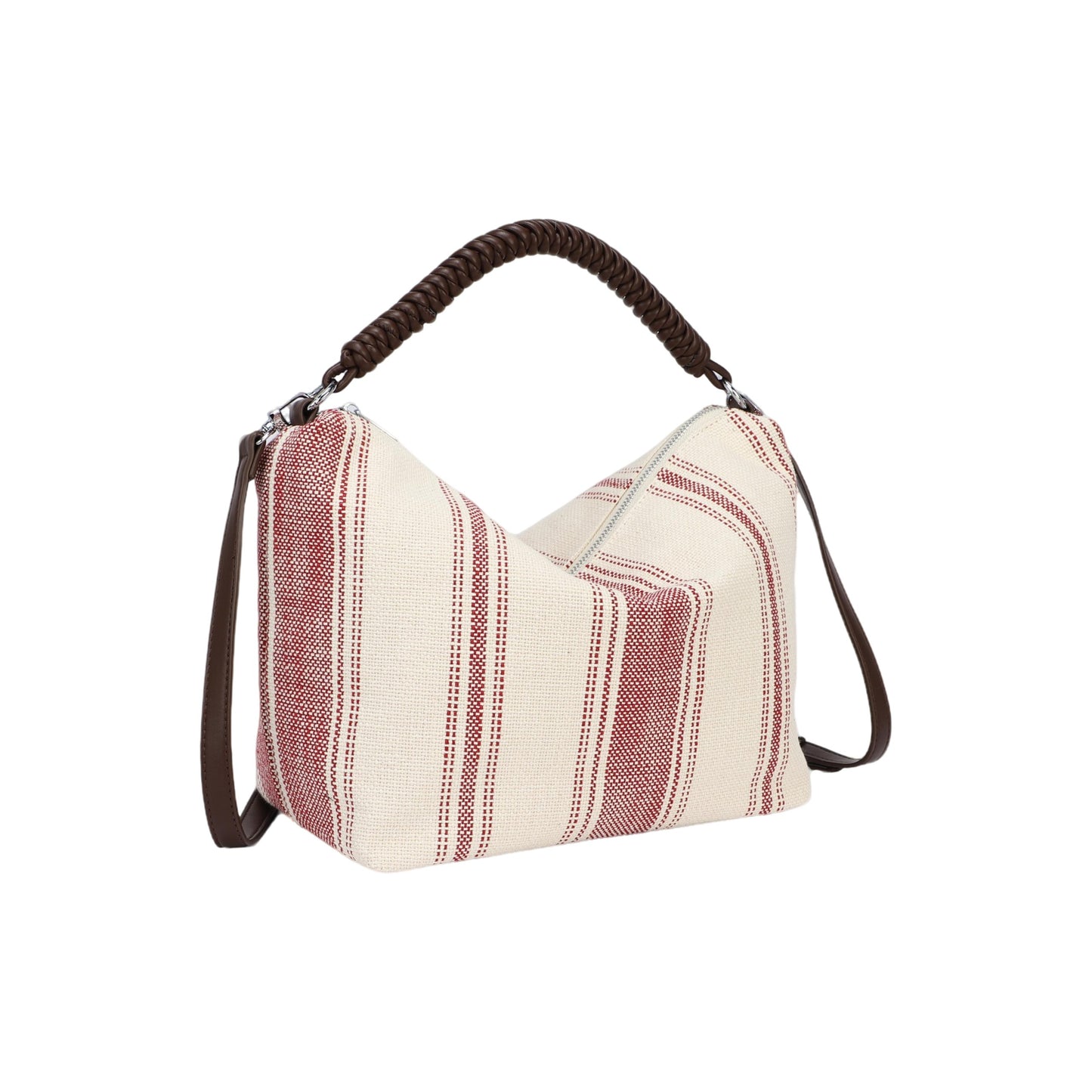 Bolso de mano y bandolera de tejido con rayas y asas chocolate - Moments by You