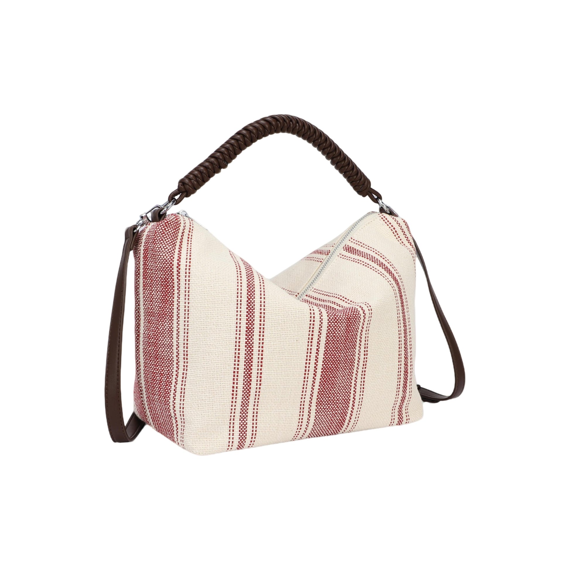 Bolso de mano y bandolera de tejido con rayas y asas chocolate - Moments by You