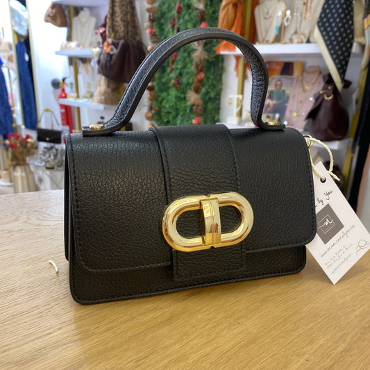 Bolso de piel 100% auténtica con asa y detalle dorado color negro - mbyou