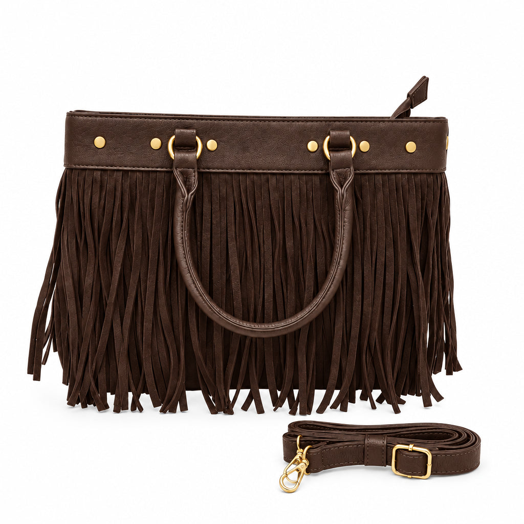Bolso de mano y bandolera con flecos chocolate