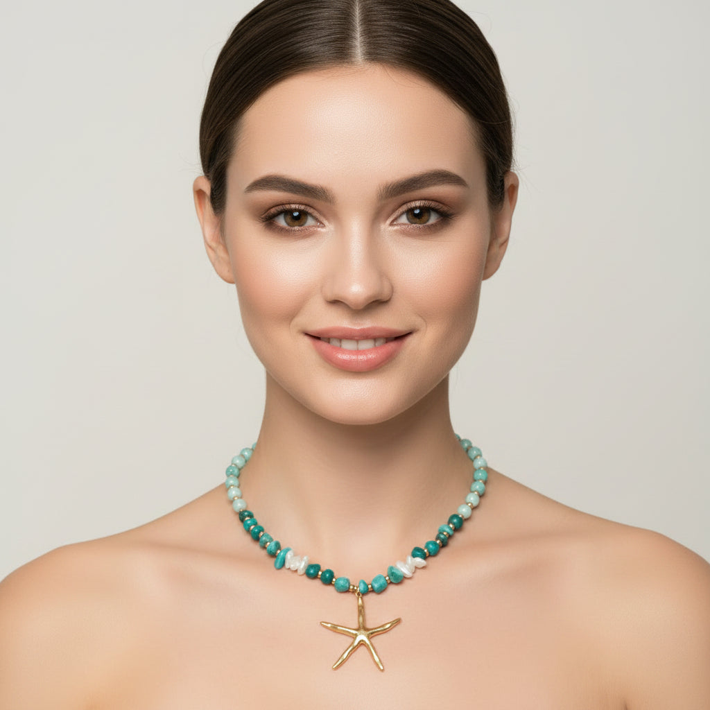 Collar de acero con cuentas acrílicas y un dije grande de estrella de mar - Moments by You