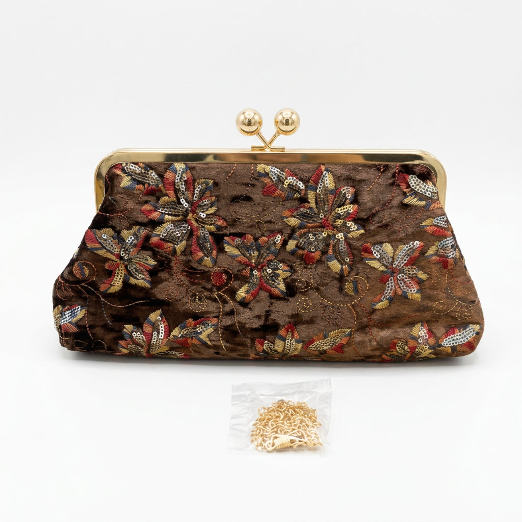 Bolso fiesta clutch acabado terciopelo y diseño floral marrón