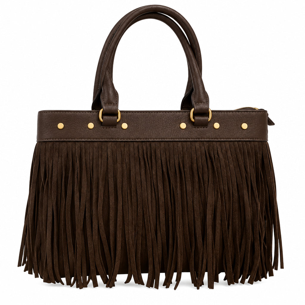 Bolso de mano y bandolera con flecos chocolate