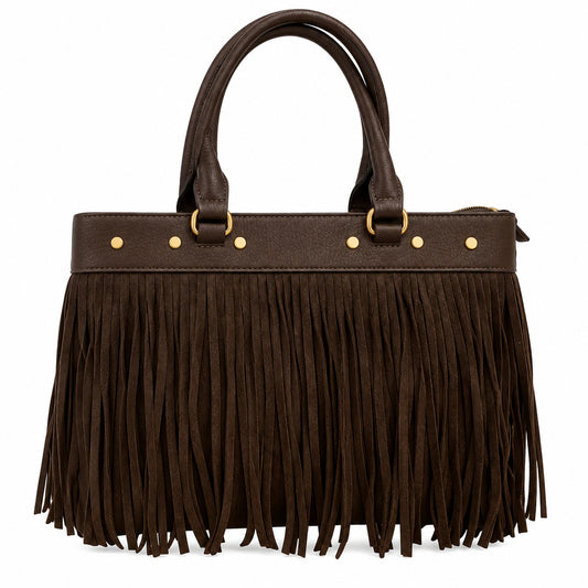 Bolso de mano y bandolera con flecos chocolate