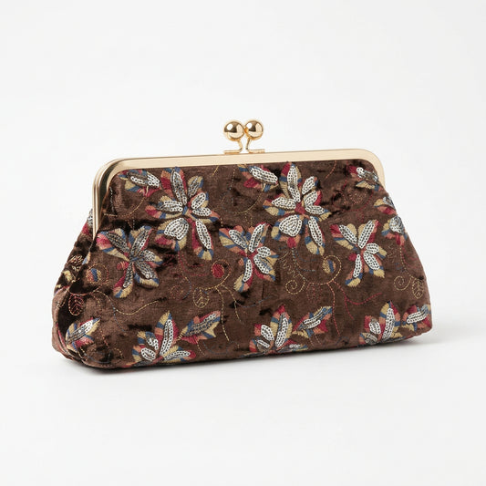 Bolso fiesta clutch acabado terciopelo y diseño floral marrón