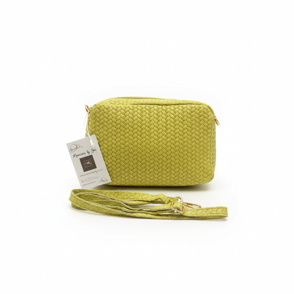 Bolso bandolera piel 100% vacuno tipo cubo trenzado y doble cremallera verde lima - Moments by You