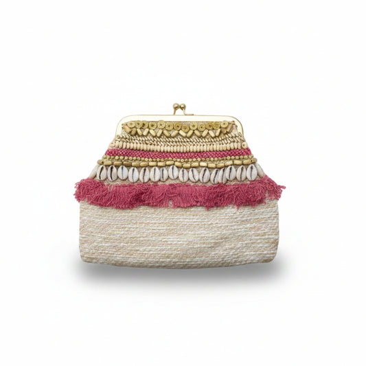 Bolso de fiesta tipo clutch con diseño de cuentas, conchas y flecos