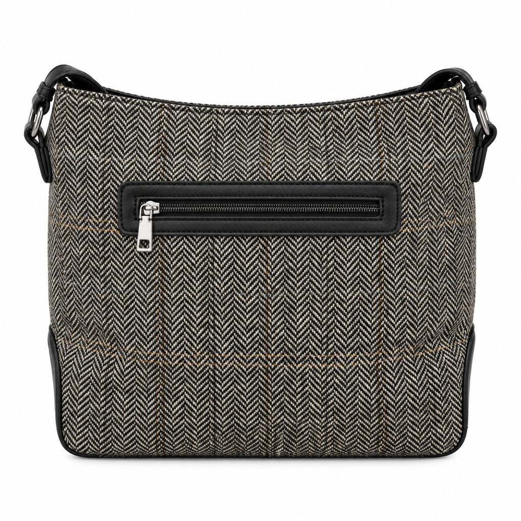 Bolso shopper tela tweed de espiga negra, gris y blanca