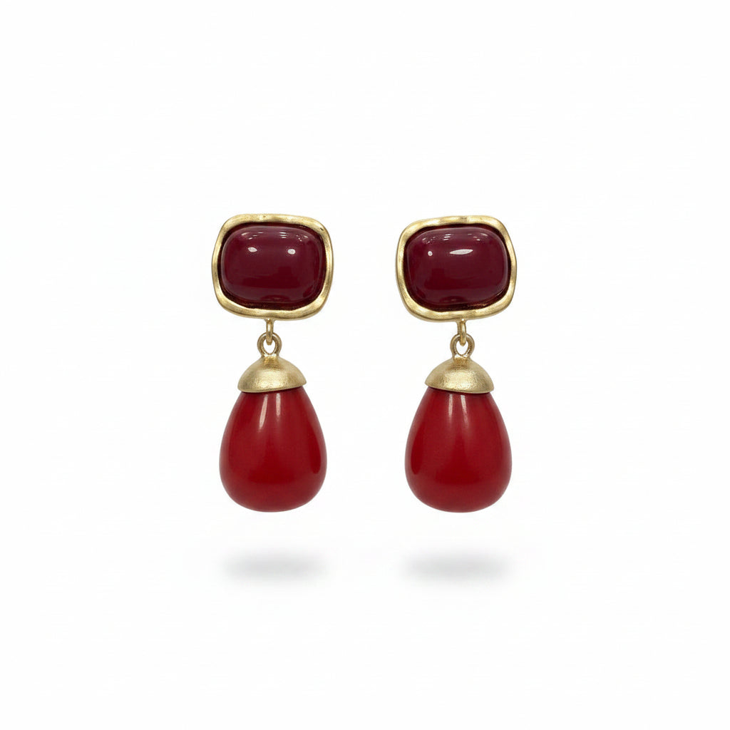 Pendientes largos doble altura con base rectangular y lágrima colgante opaca en varios colores