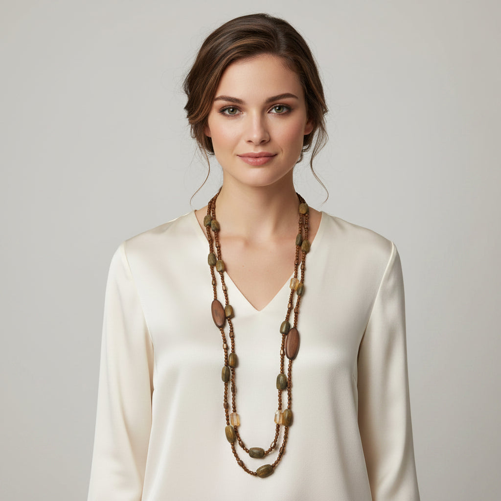 Collar largo doble tira con cuentas irregulares y traslúcidas en varios colores