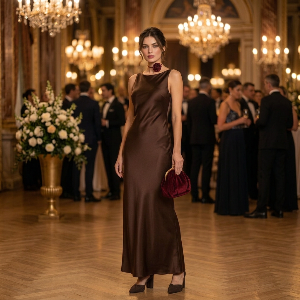 Look marrón chocolate con vino (collar + bolso + zapatos) - Moments by You