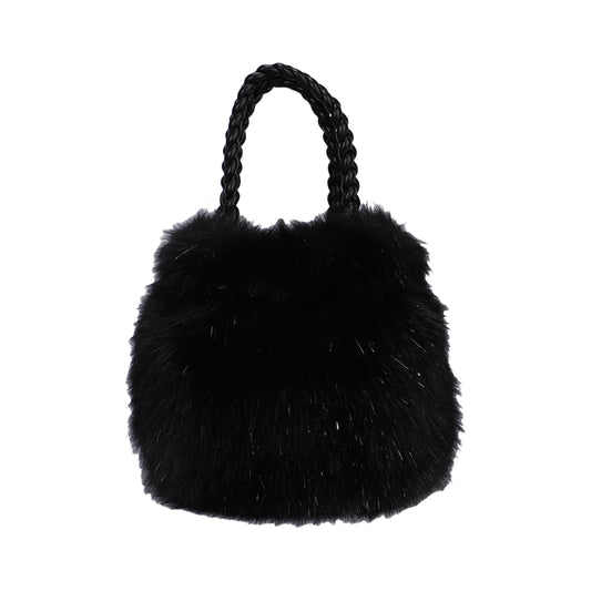 Bolso de mano y bandolera tipo limosnera con pelaje en color negro y el asa trenzada   - mbyou