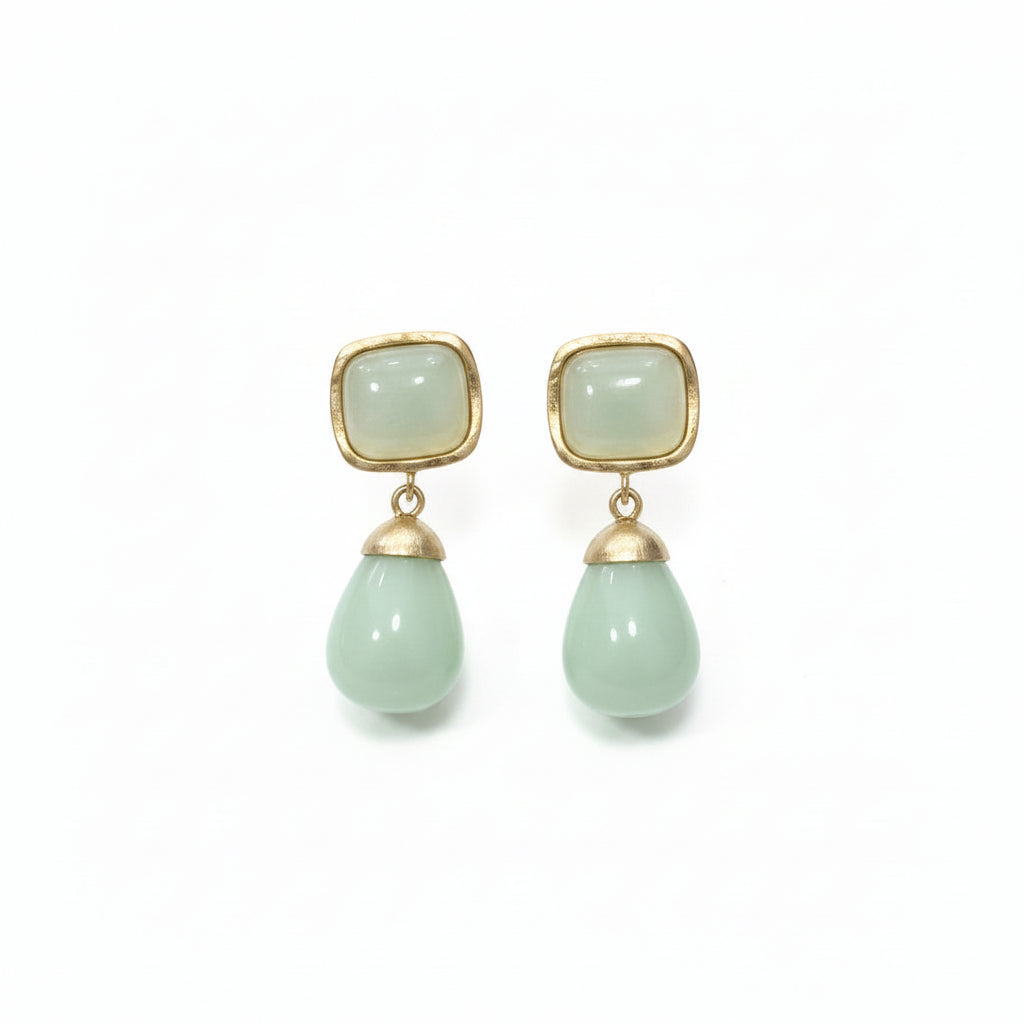 Pendientes largos doble altura con base rectangular y lágrima colgante opaca en varios colores