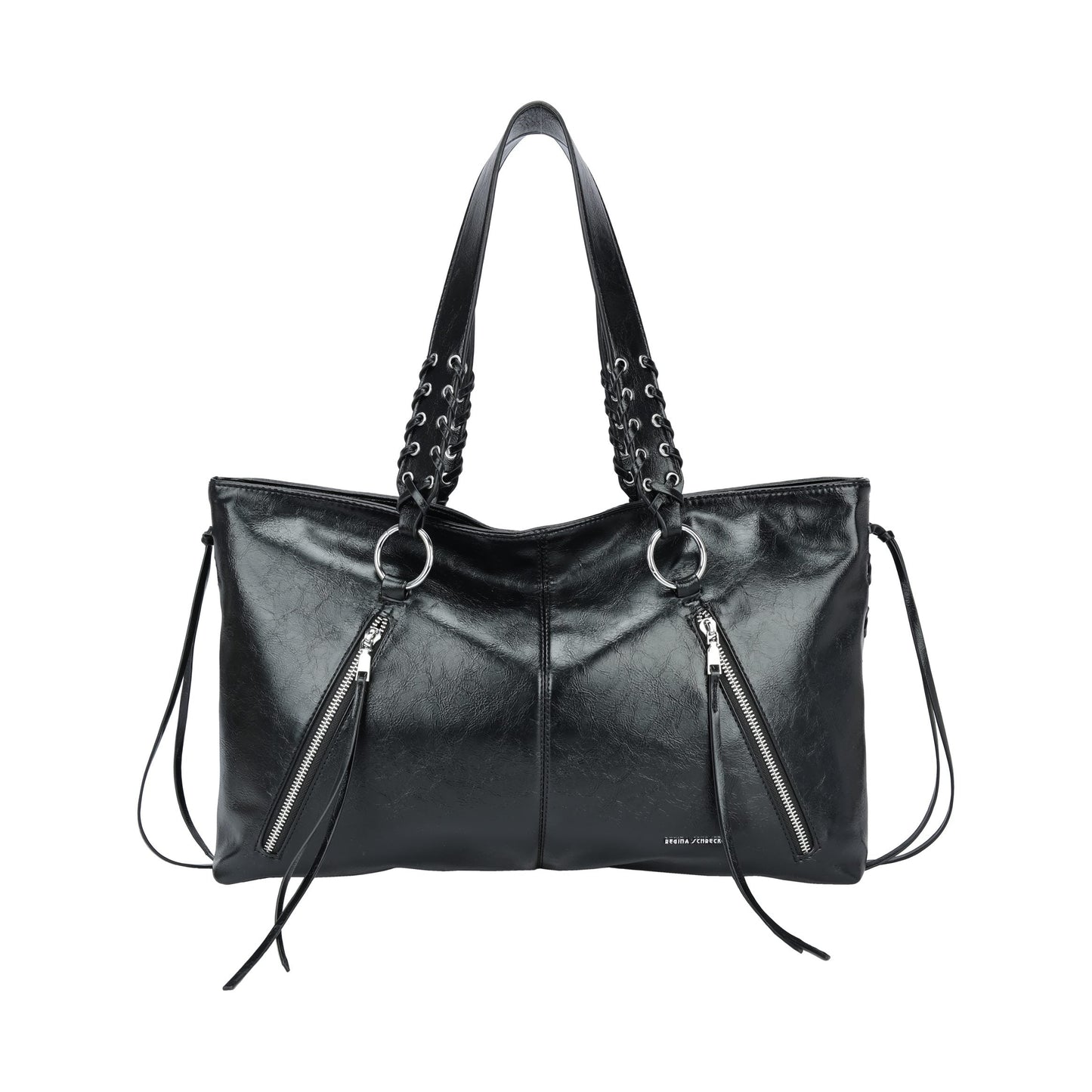 Bolso de hombro con cremalleras y diseño trenzado en color negro y plata