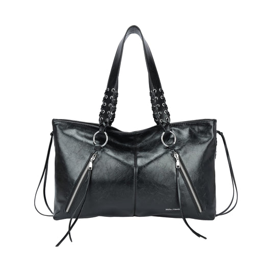 Bolso de hombro con cremalleras y diseño trenzado en color negro y plata - Moments by You