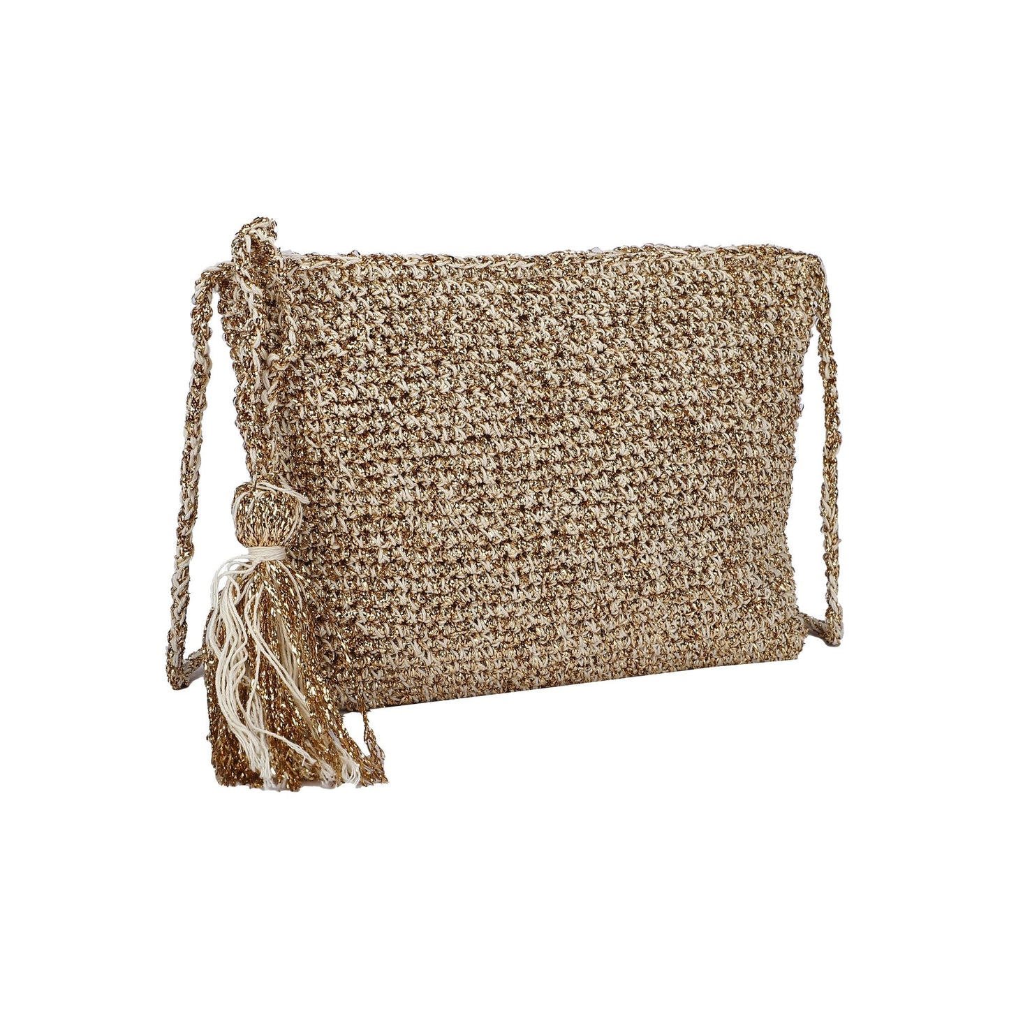 Bolso de mano o bandolera tejido brillante y detalle de borla en el cierre