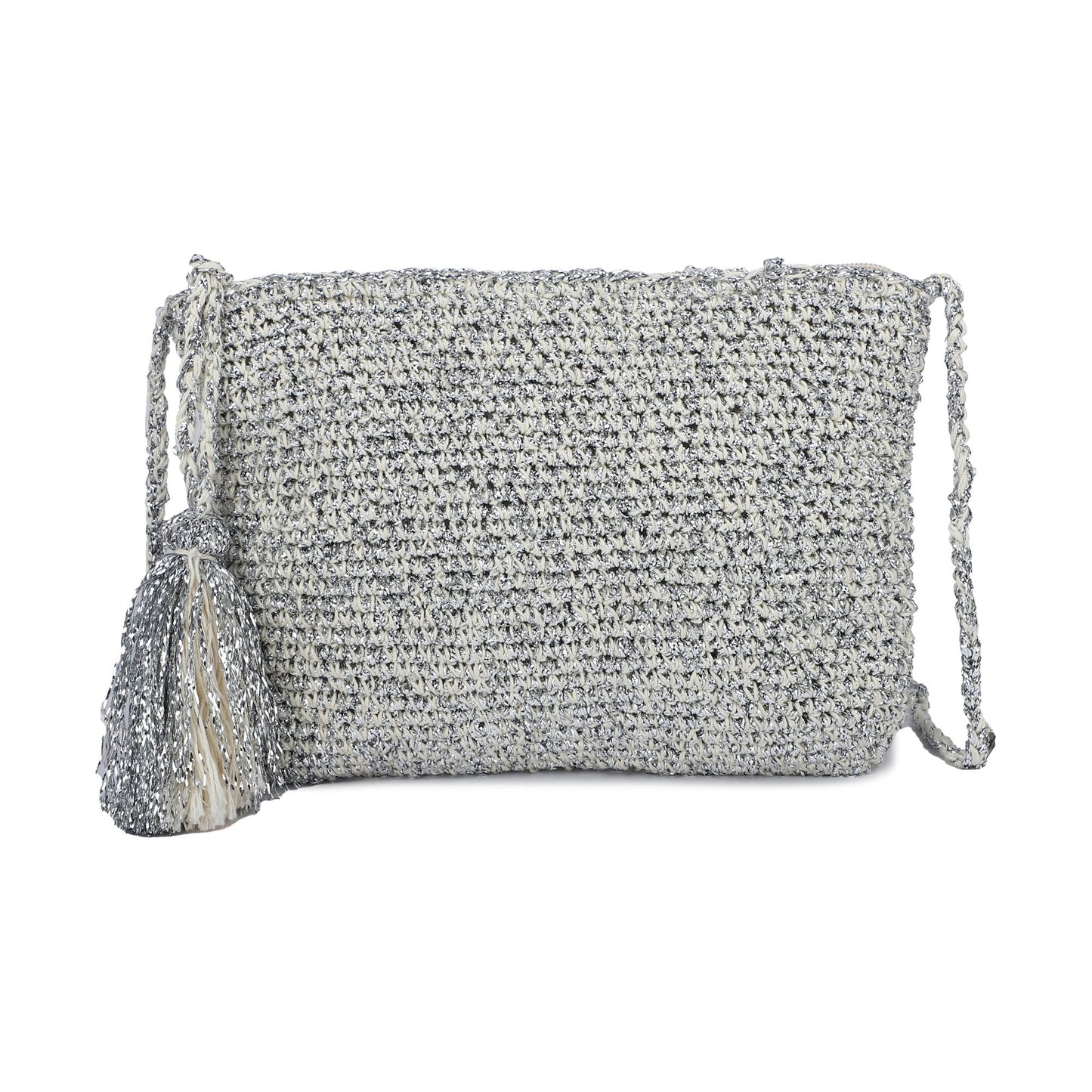 Bolso de mano o bandolera tejido brillante y detalle de borla en el cierre