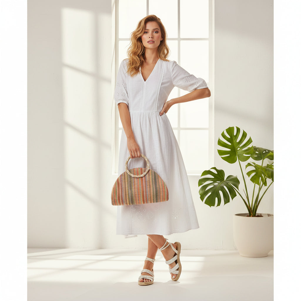 Bolso de fibra tipo rafia con asas circulares y colores variados - Moments by You