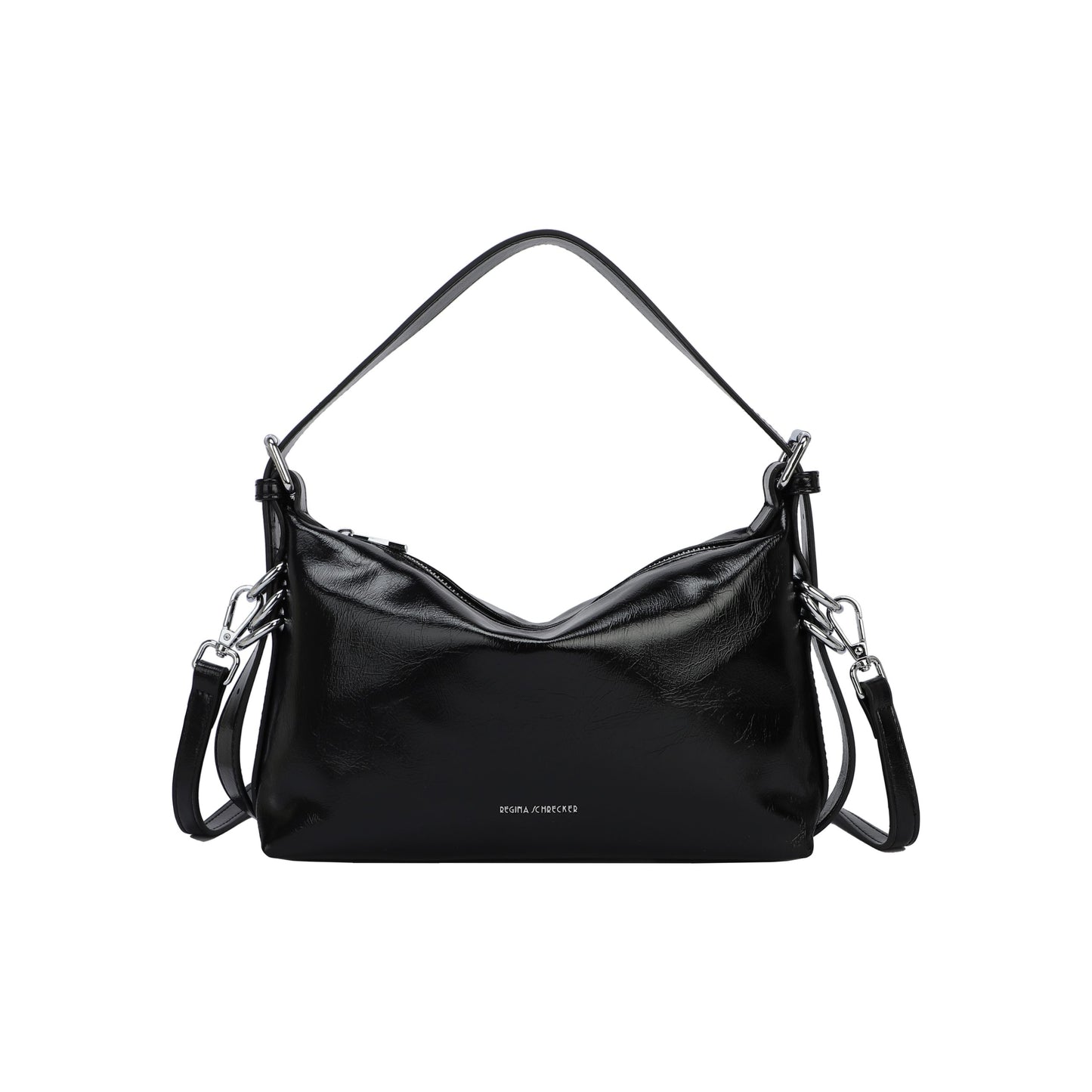 Bolso de hombro rectangular negro con detalles plata