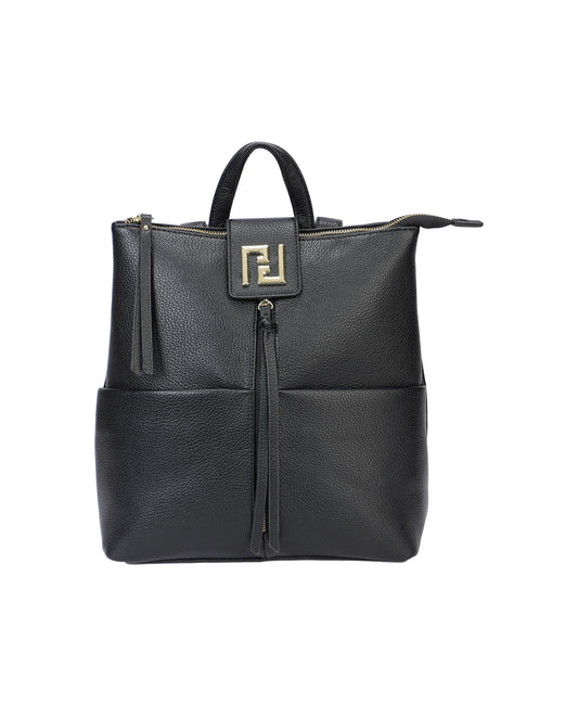 Mochila cuadrada efecto piel con cierre cremallera y detalles dorados color negro -mbyou