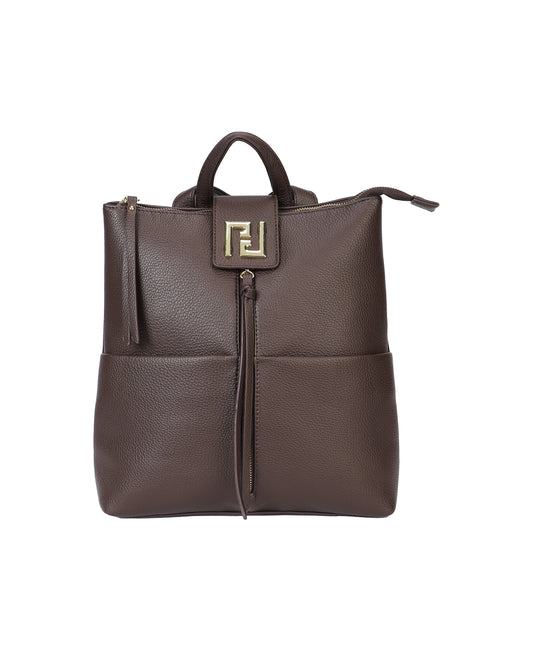 Mochila cuadrada efecto piel con cierre cremallera y detalles dorados color chocolate -mbyou