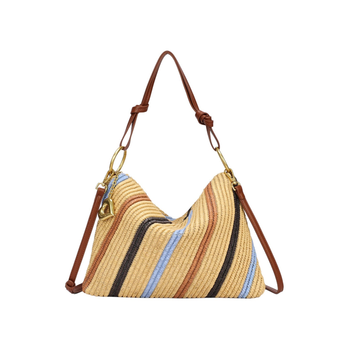 Bolso de mano y bandolera tipo rafia con rayas y asa marrón