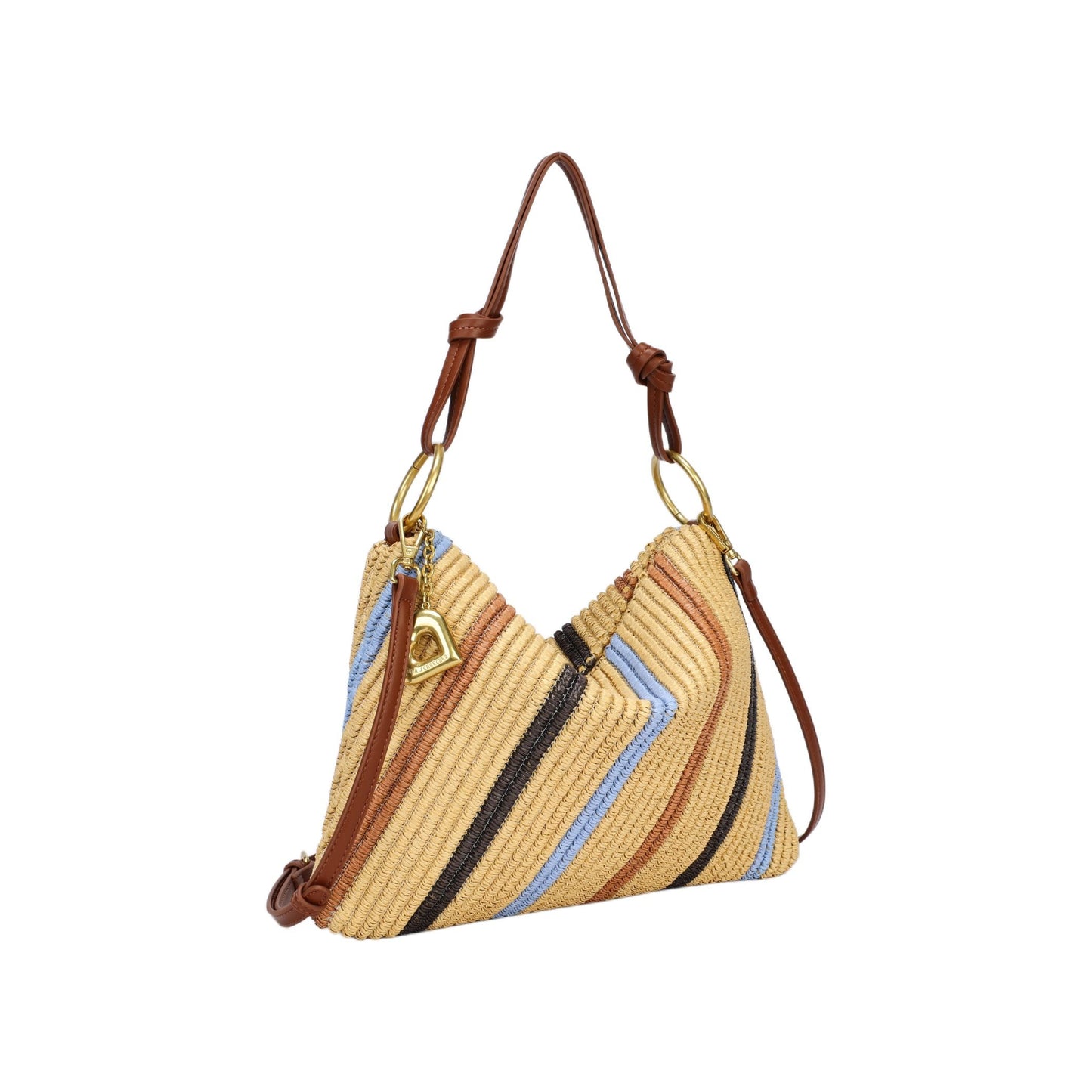 Bolso de mano y bandolera tipo rafia con rayas y asa marrón