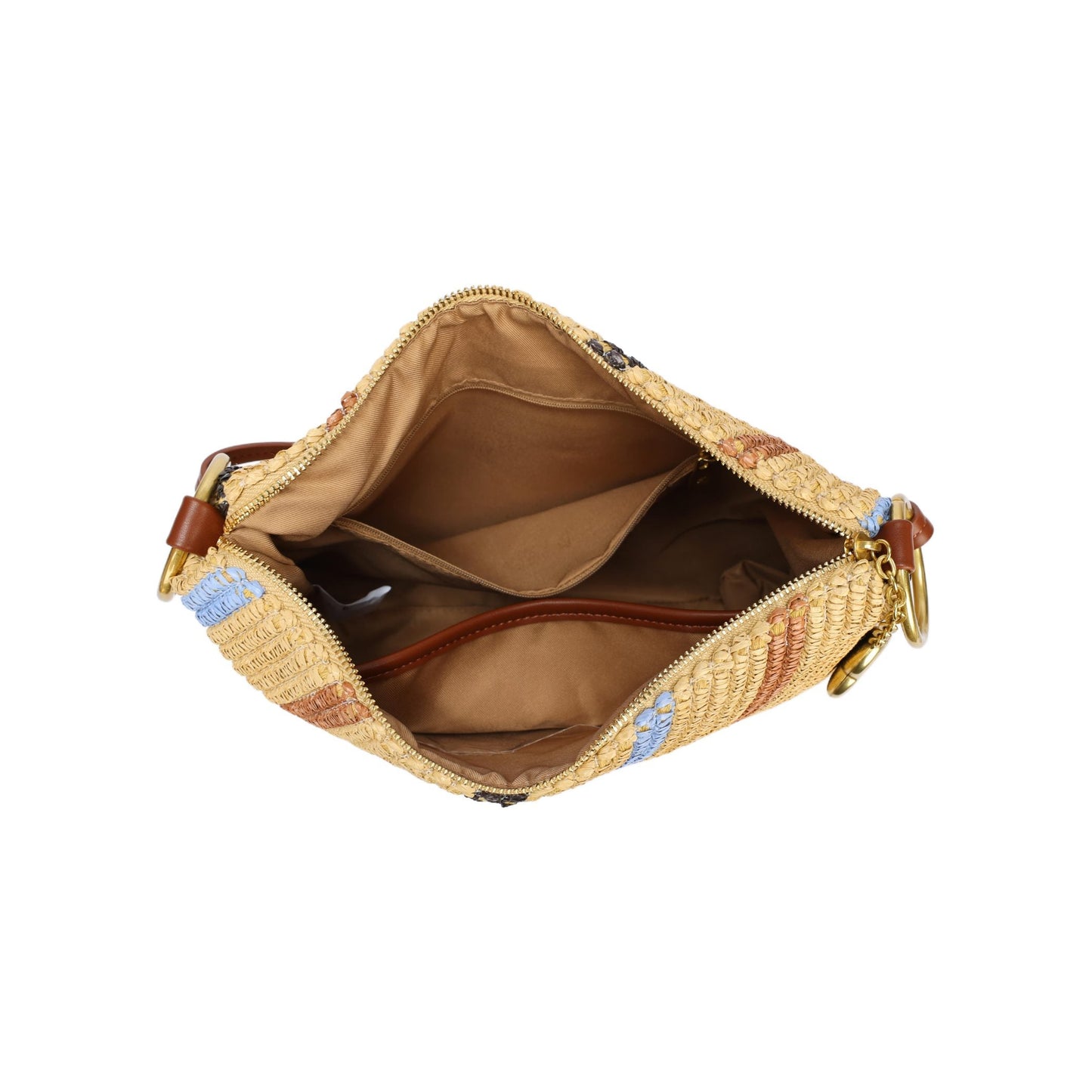 Bolso de mano y bandolera tipo rafia con rayas y asa marrón