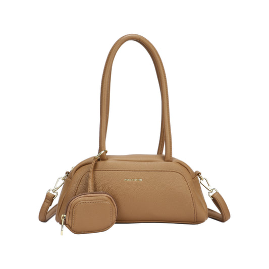 Bolso teckel alargado con mini neceser llavero colgante color taupé  - mbyou
