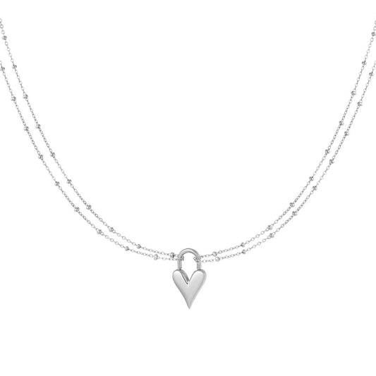 Collar de acero doble cadena y corazón liso alargado acabado plata - mbyou