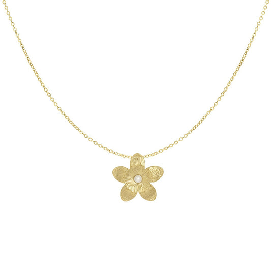 Collar de acero inoxidable cadena fina colgante de flor con perla acabado oro - mbyou