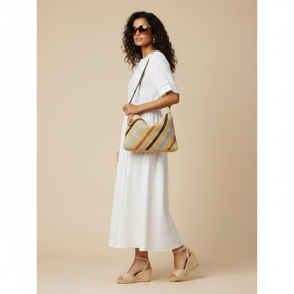 Bolso de mano y bandolera tipo rafia con rayas y asa marrón