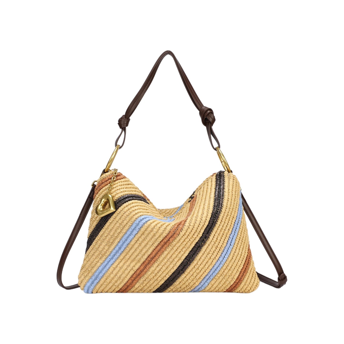 Bolso de mano y bandolera tipo rafia con rayas y asa marrón