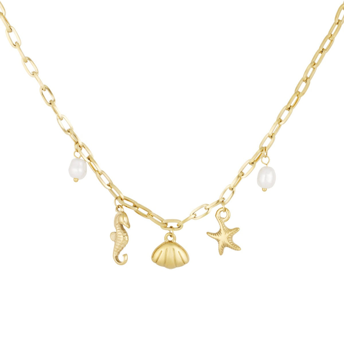 Collar acero de eslabones con dijes estrella marina, conchas, perlas y caballito de mar acabado oro - mbyou