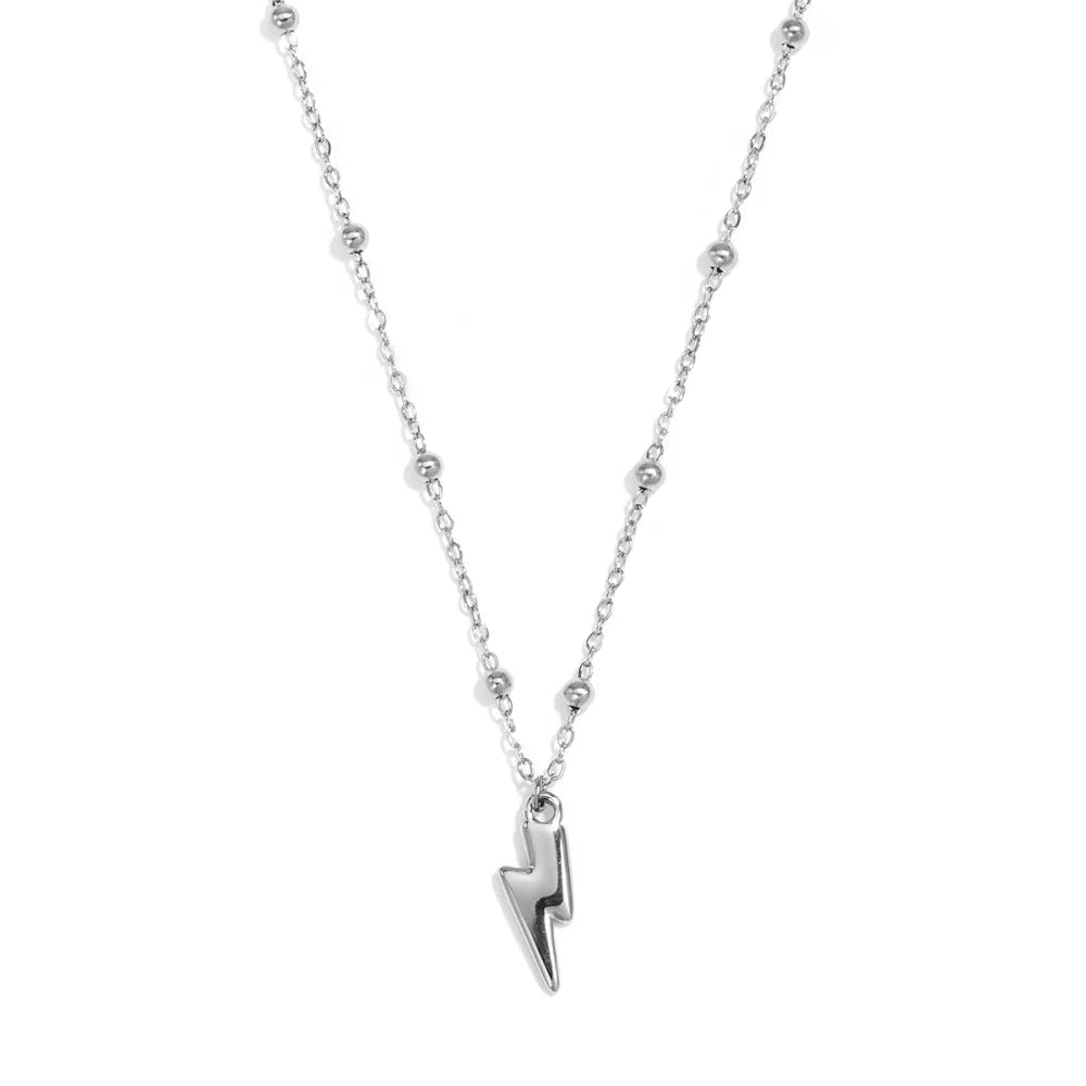 Collar de acero con esferas y dije en forma de rayo acabado plata