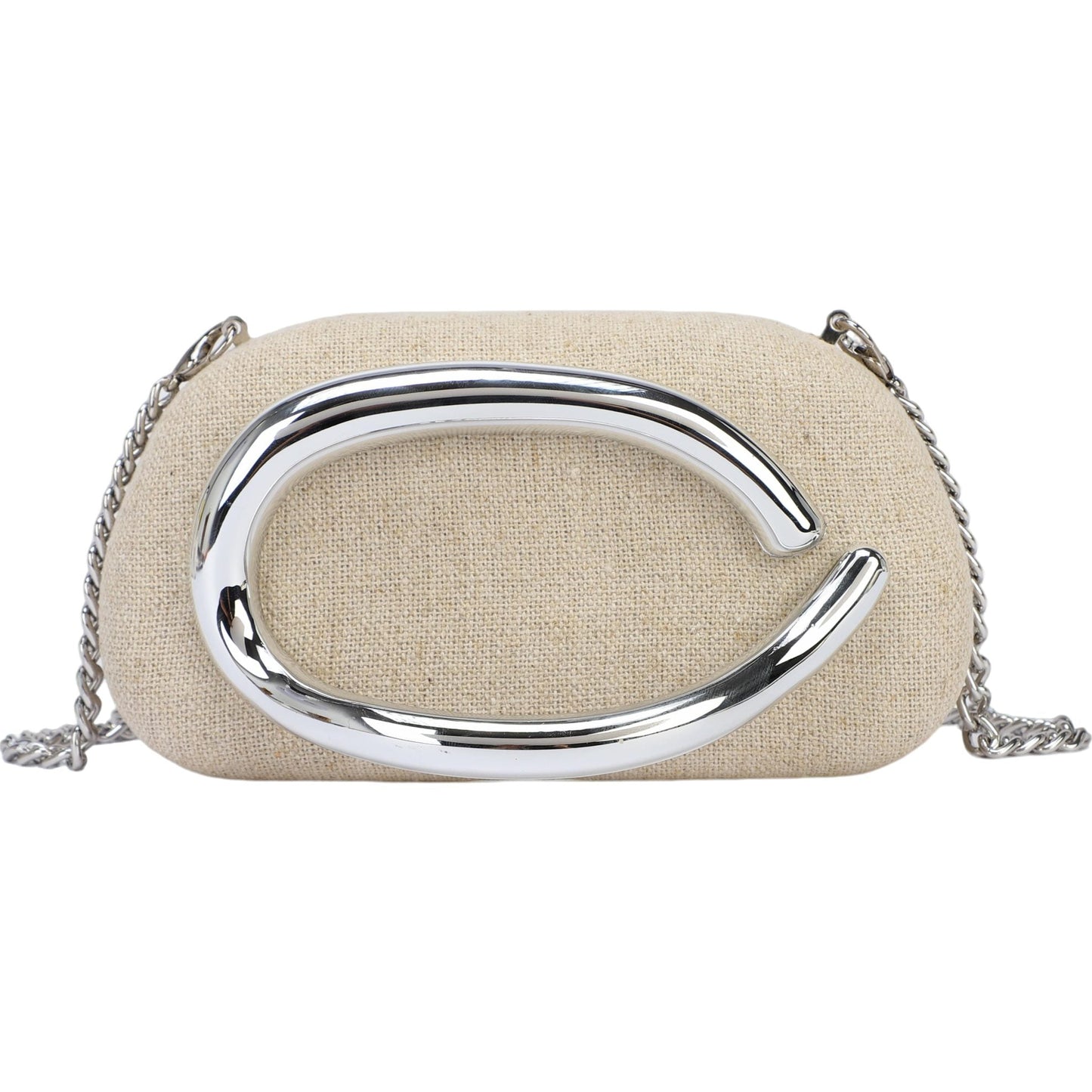 Clutch de fiesta con acabado de lino y flores chocolate con tirador plata