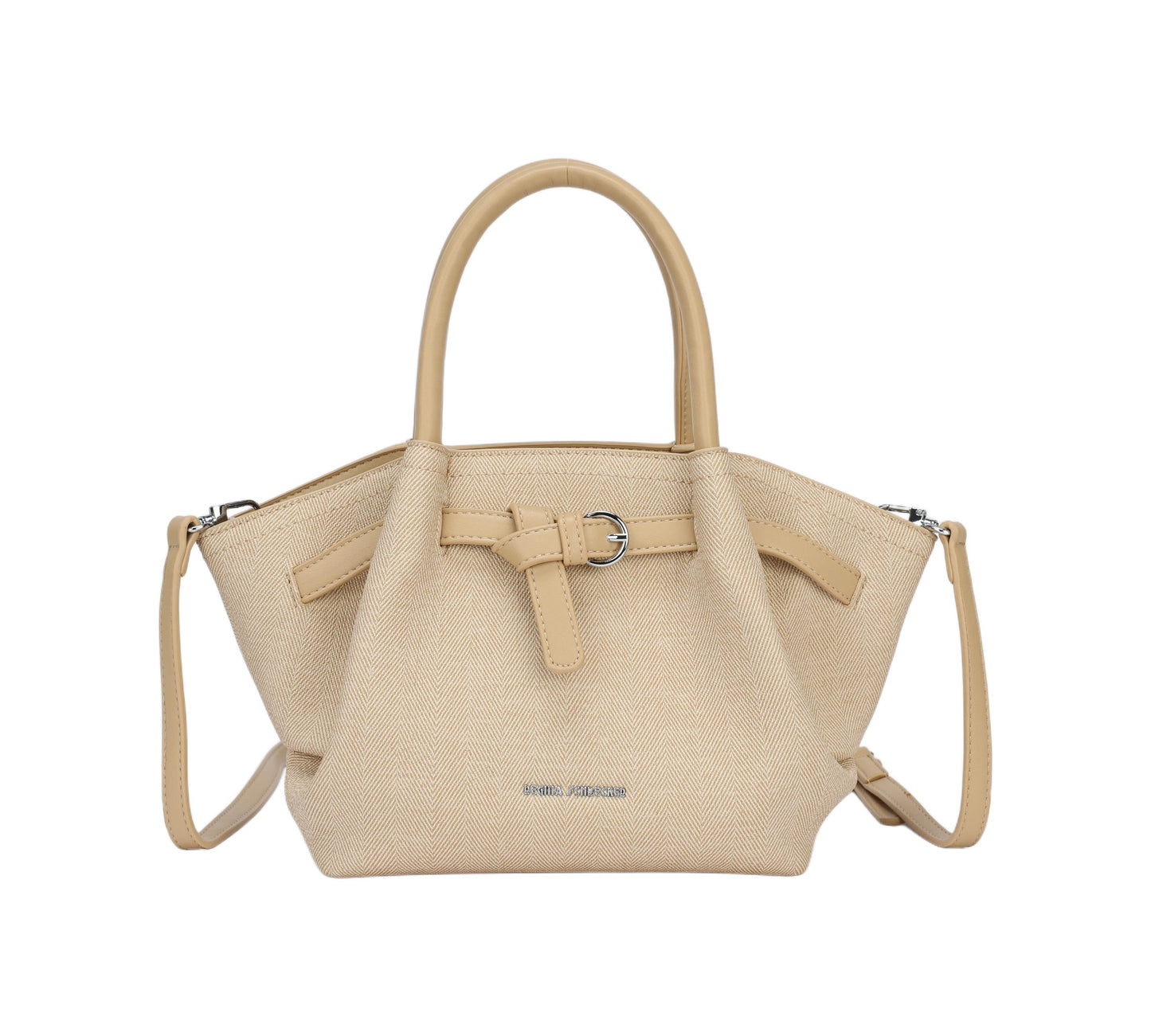 Bolso de mano shopper con fruncido y cinturón con hebilla acabado en tejido beige