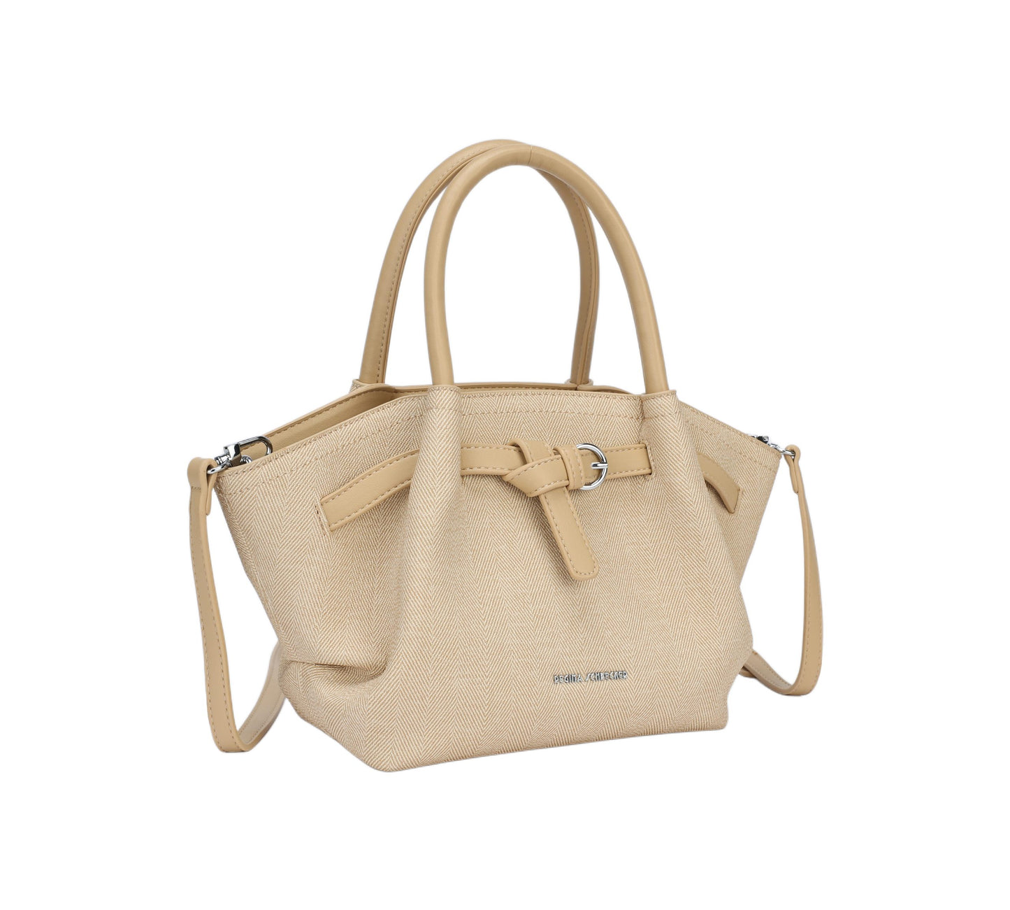Bolso de mano shopper con fruncido y cinturón con hebilla acabado en tejido beige