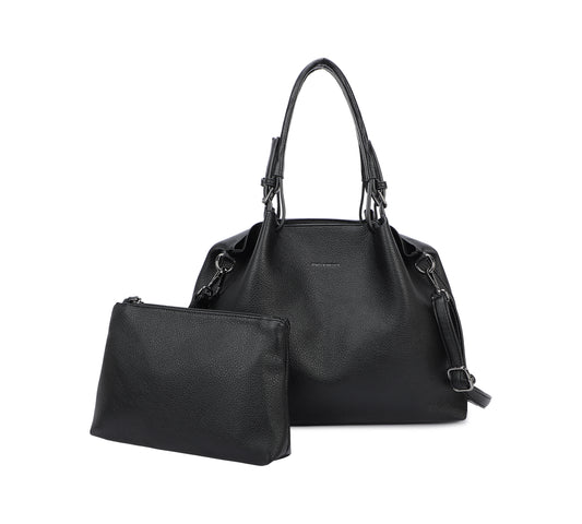 Bolso shopper y bandolera liso con pliegues y neceser incorporado color negro - mbyou