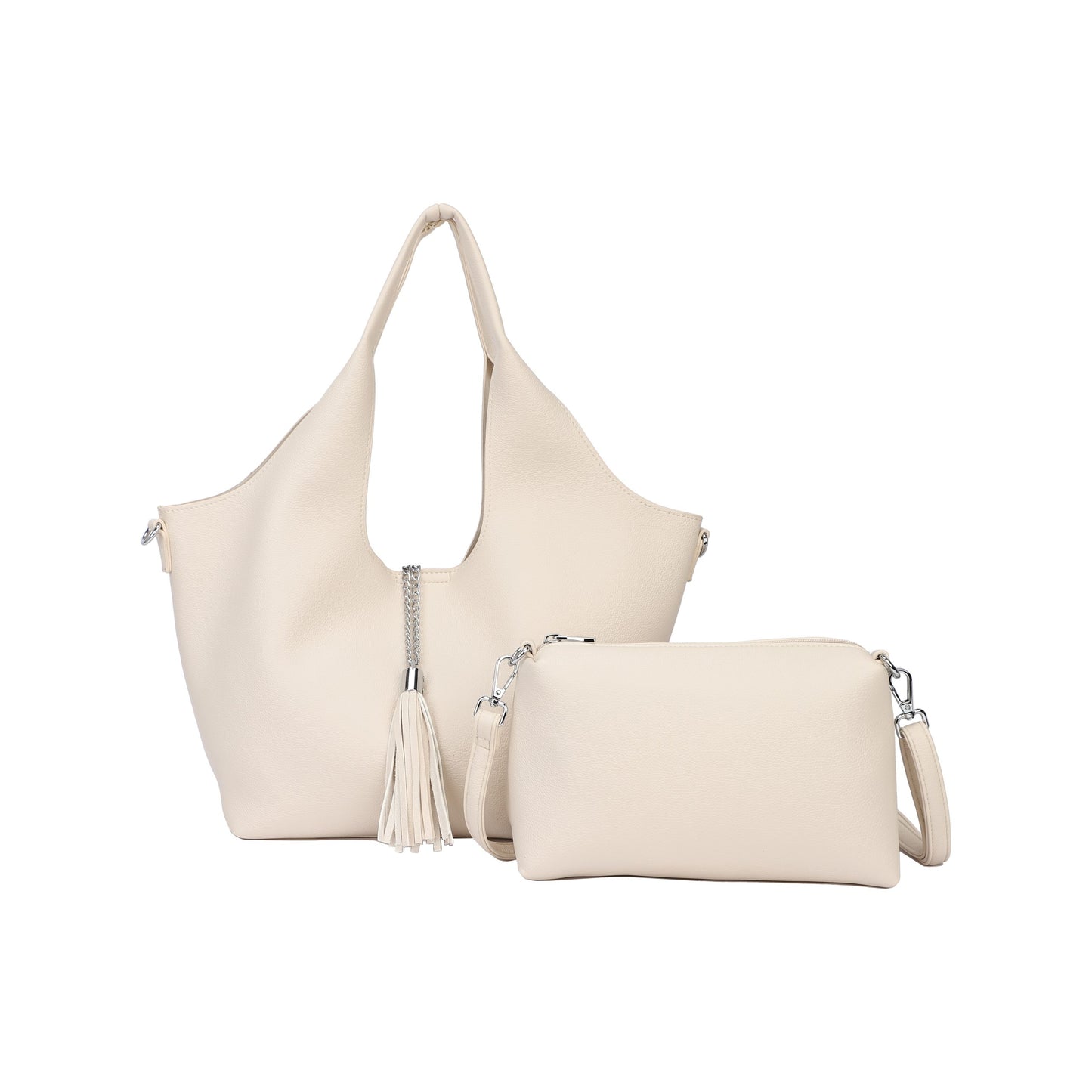Bolso shopper y bandolera con neceser interior en blanco hueso y detalles plata