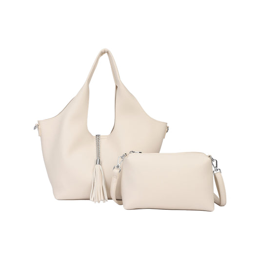Bolso shopper y bandolera con neceser interior en blanco hueso y detalles plata - Moments by You