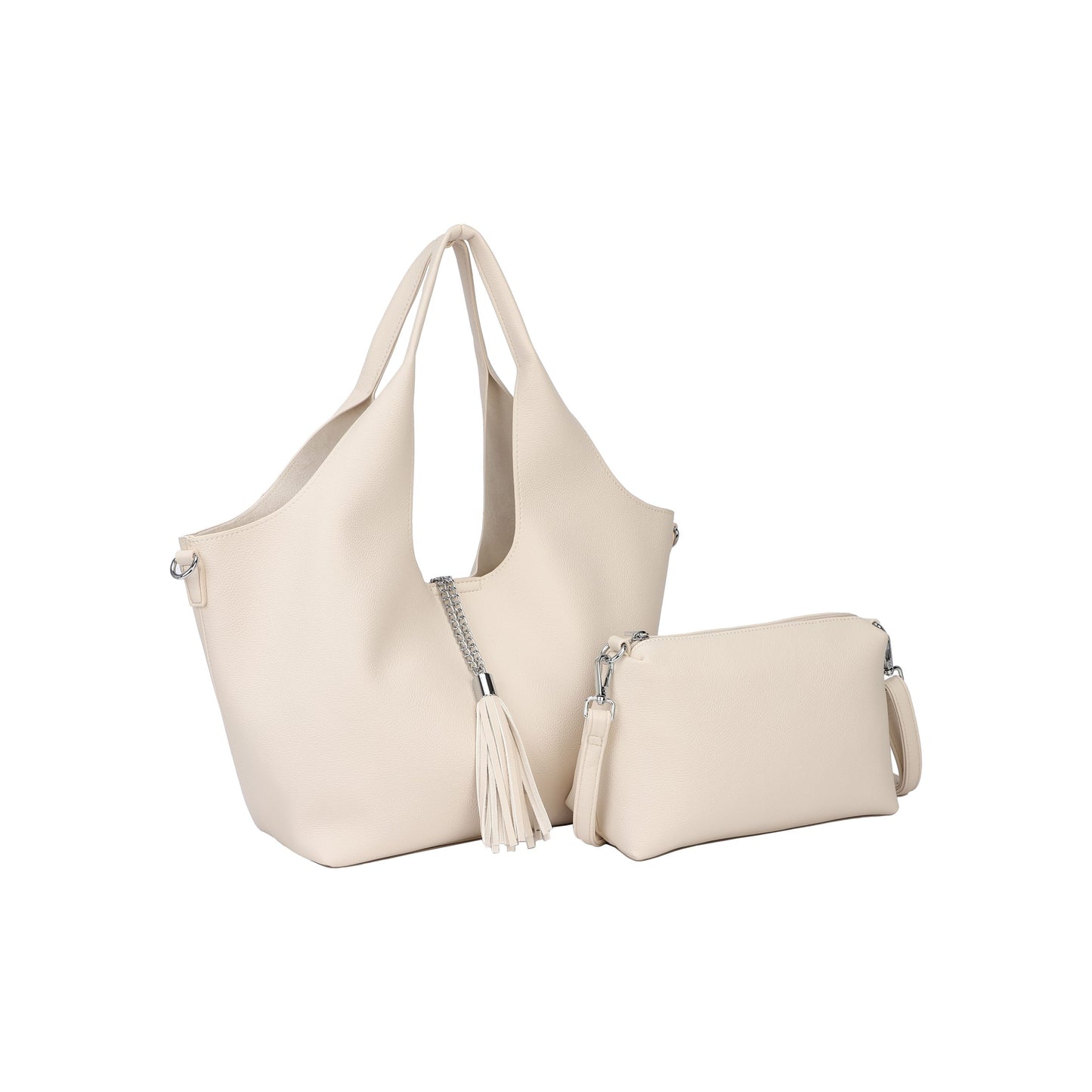 Bolso shopper y bandolera con neceser interior en blanco hueso y detalles plata