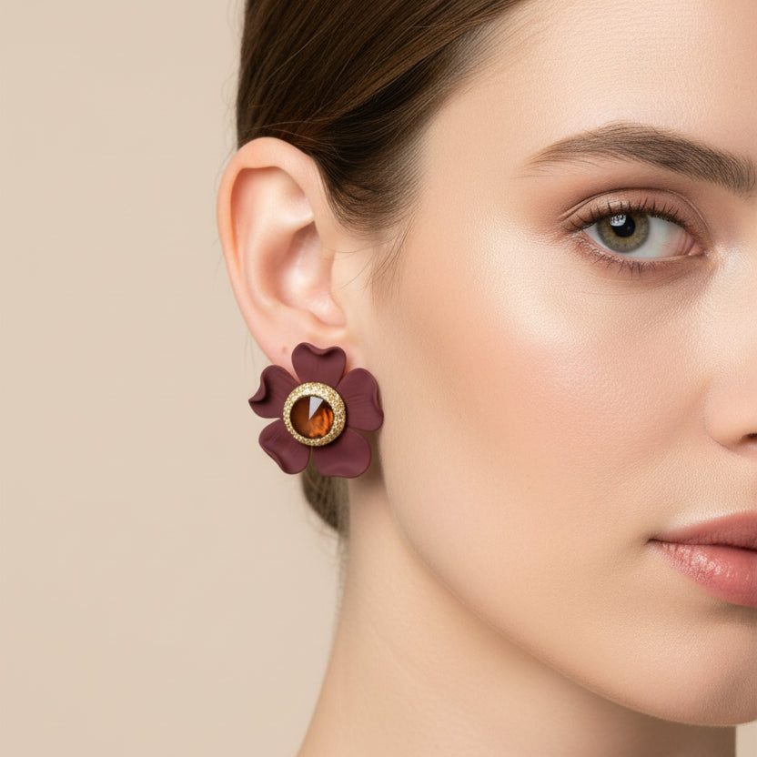 Pendientes cortos con forma de flor touquet con cristal